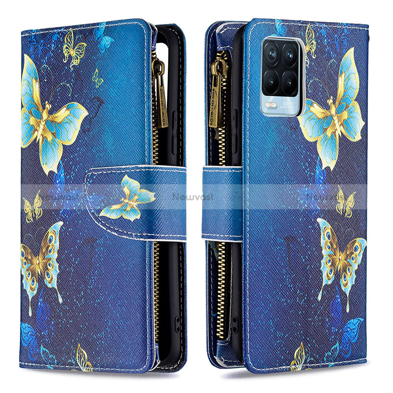 Leather Case Stands Fashionable Pattern Flip Cover Holder B04F for Realme 8 4G Blue