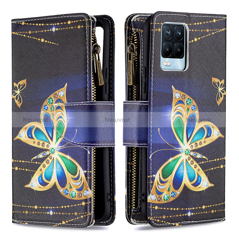 Leather Case Stands Fashionable Pattern Flip Cover Holder B04F for Realme 8 Pro Black