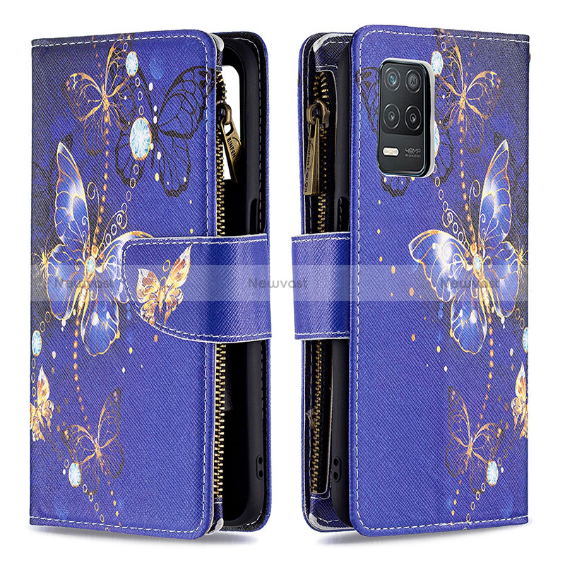 Leather Case Stands Fashionable Pattern Flip Cover Holder B04F for Realme 8s 5G Navy Blue