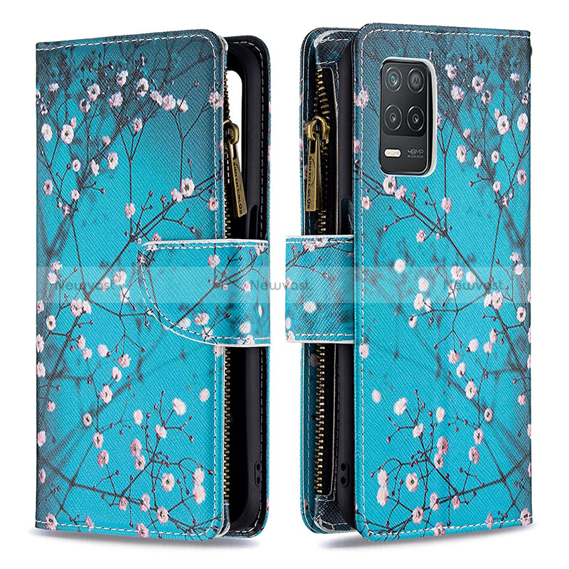 Leather Case Stands Fashionable Pattern Flip Cover Holder B04F for Realme 9 5G India Cyan