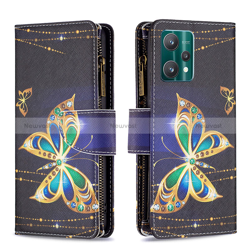 Leather Case Stands Fashionable Pattern Flip Cover Holder B04F for Realme 9 Pro 5G Black