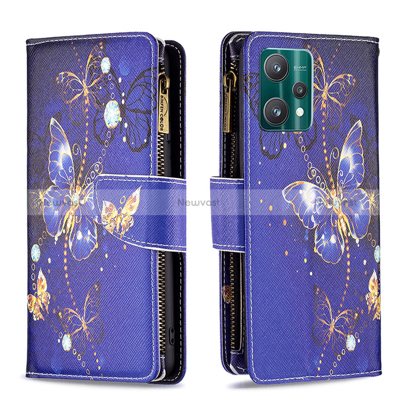 Leather Case Stands Fashionable Pattern Flip Cover Holder B04F for Realme 9 Pro 5G Navy Blue