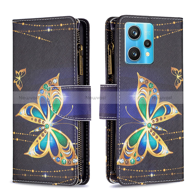 Leather Case Stands Fashionable Pattern Flip Cover Holder B04F for Realme 9 Pro+ Plus 5G Black