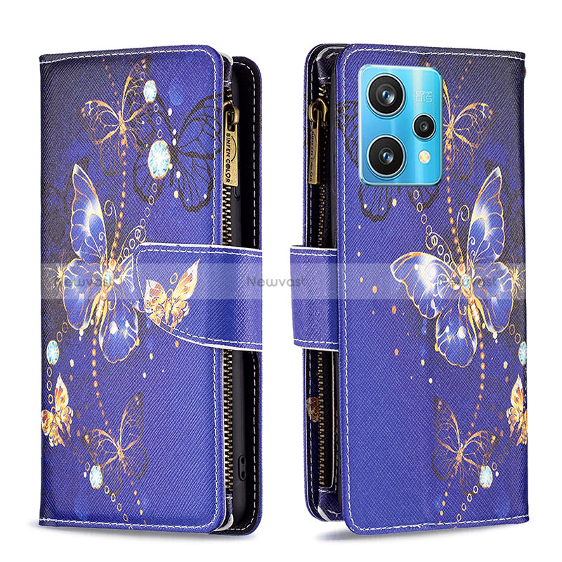 Leather Case Stands Fashionable Pattern Flip Cover Holder B04F for Realme 9 Pro+ Plus 5G Navy Blue