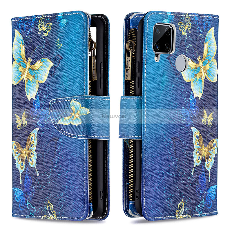 Leather Case Stands Fashionable Pattern Flip Cover Holder B04F for Realme C12 Blue