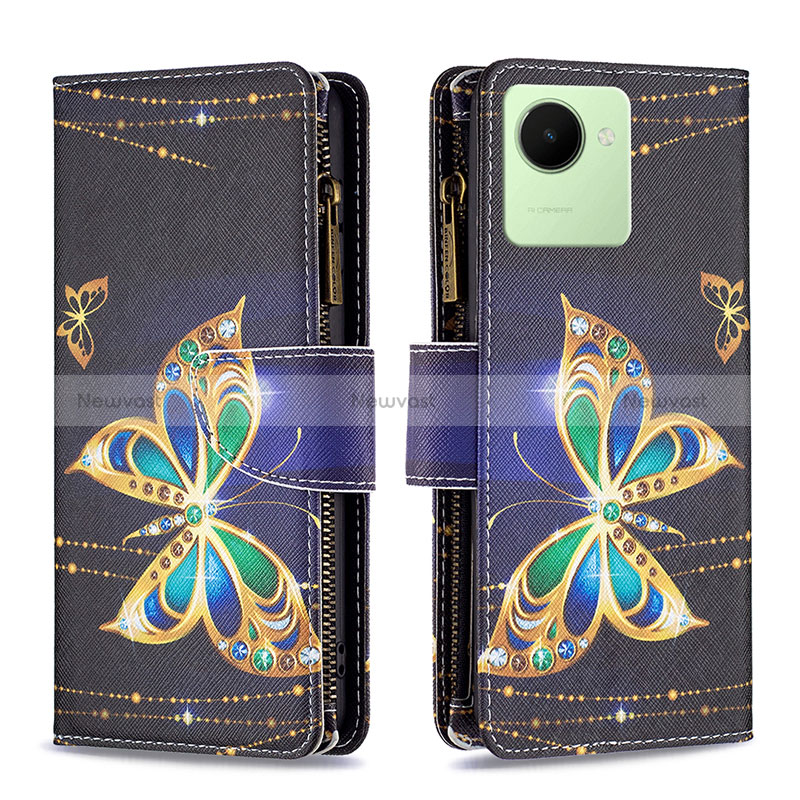 Leather Case Stands Fashionable Pattern Flip Cover Holder B04F for Realme C30 Black