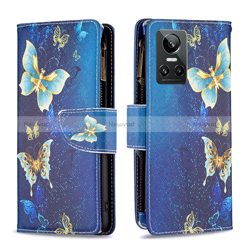 Leather Case Stands Fashionable Pattern Flip Cover Holder B04F for Realme GT Neo3 5G Blue