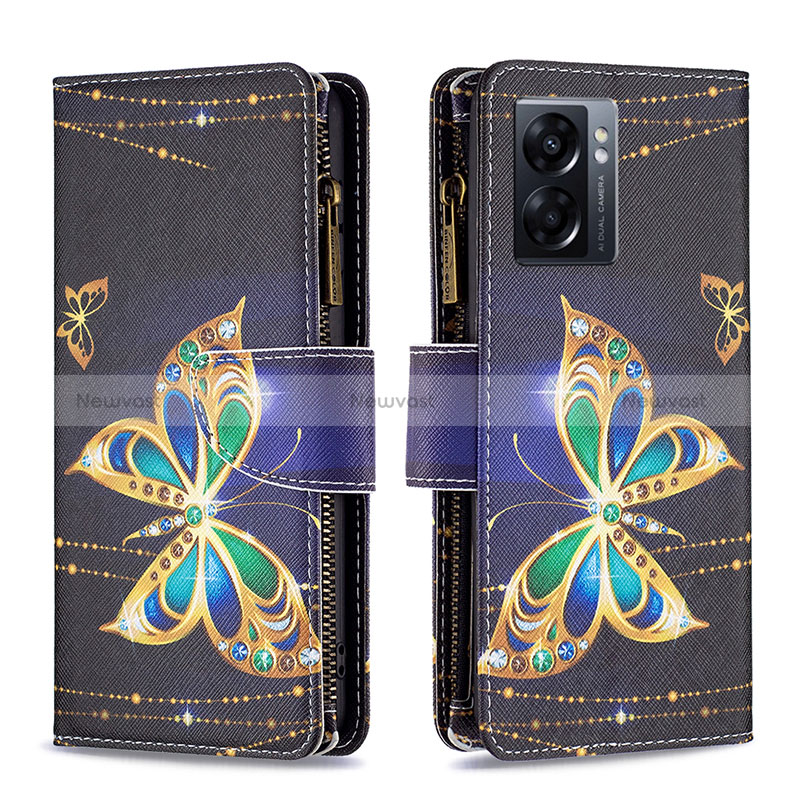 Leather Case Stands Fashionable Pattern Flip Cover Holder B04F for Realme Narzo 50 5G Black