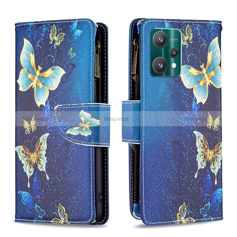 Leather Case Stands Fashionable Pattern Flip Cover Holder B04F for Realme Q5 5G Blue