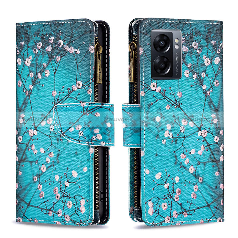 Leather Case Stands Fashionable Pattern Flip Cover Holder B04F for Realme Q5i 5G Cyan