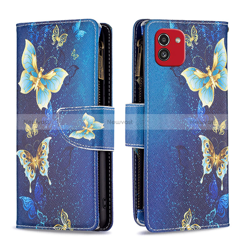 Leather Case Stands Fashionable Pattern Flip Cover Holder B04F for Samsung Galaxy A03 Blue