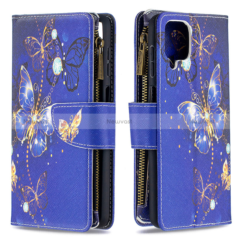 Leather Case Stands Fashionable Pattern Flip Cover Holder B04F for Samsung Galaxy A12 Nacho Navy Blue