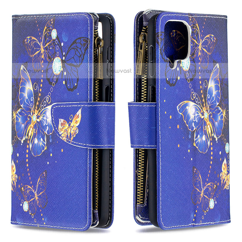 Leather Case Stands Fashionable Pattern Flip Cover Holder B04F for Samsung Galaxy A12 Navy Blue