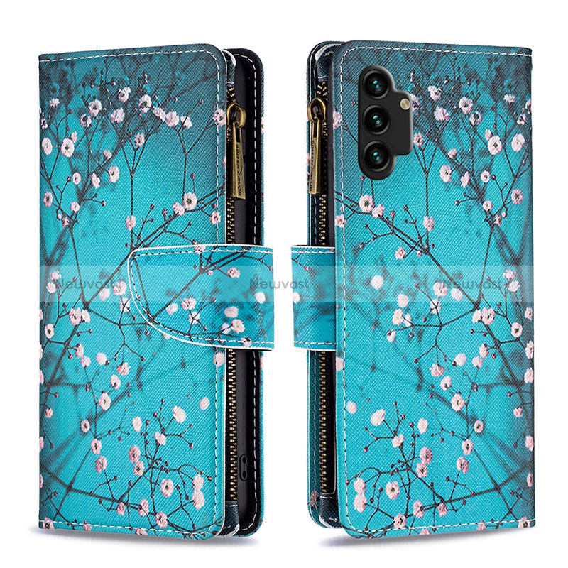 Leather Case Stands Fashionable Pattern Flip Cover Holder B04F for Samsung Galaxy A13 4G Cyan