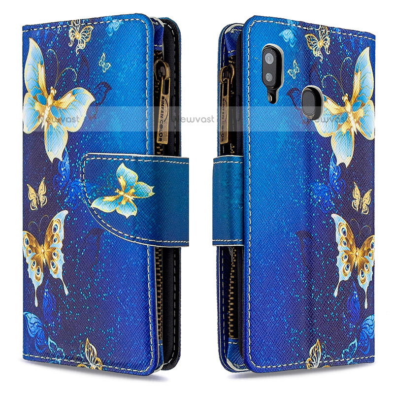 Leather Case Stands Fashionable Pattern Flip Cover Holder B04F for Samsung Galaxy A20 Blue