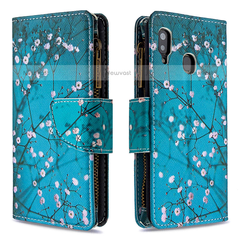 Leather Case Stands Fashionable Pattern Flip Cover Holder B04F for Samsung Galaxy A20 Cyan