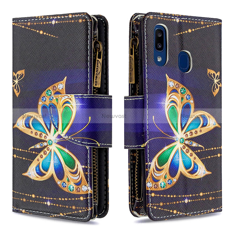 Leather Case Stands Fashionable Pattern Flip Cover Holder B04F for Samsung Galaxy A20e Black