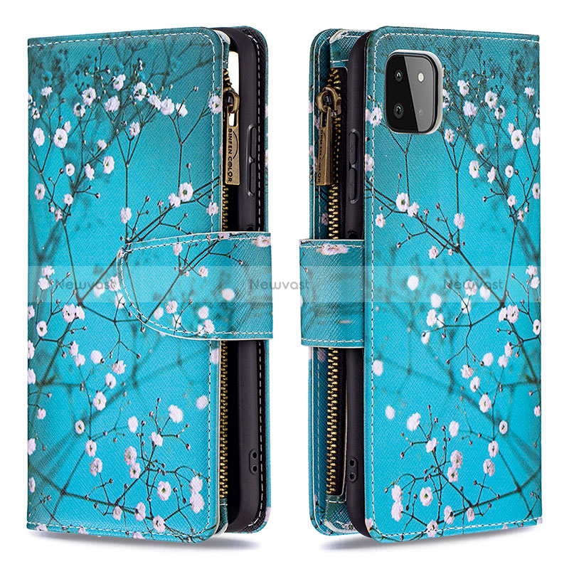 Leather Case Stands Fashionable Pattern Flip Cover Holder B04F for Samsung Galaxy A22 5G Cyan