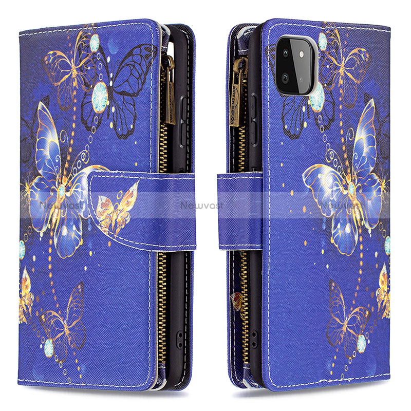 Leather Case Stands Fashionable Pattern Flip Cover Holder B04F for Samsung Galaxy A22 5G Navy Blue