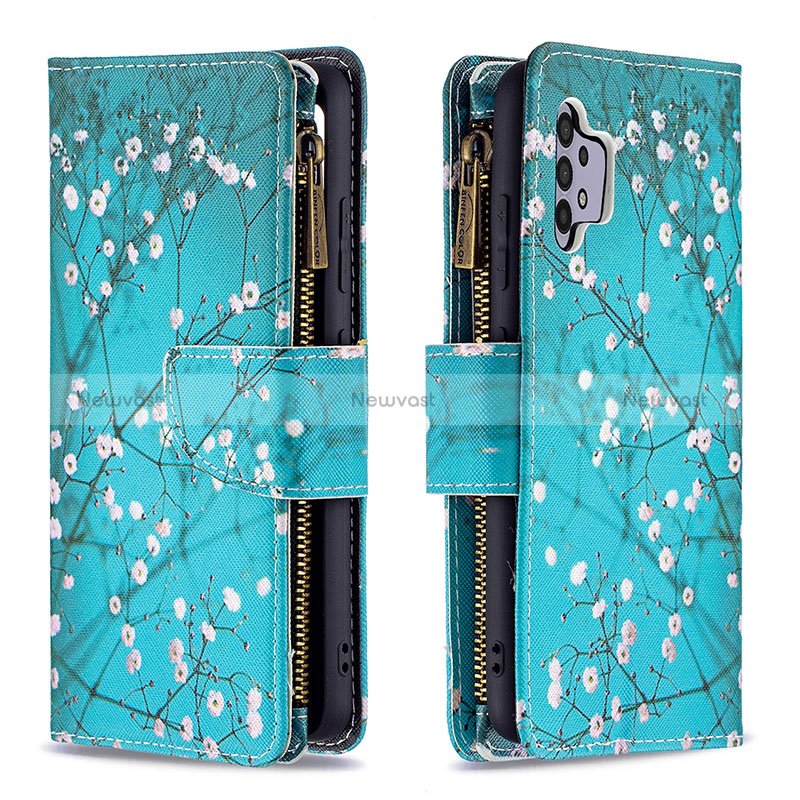 Leather Case Stands Fashionable Pattern Flip Cover Holder B04F for Samsung Galaxy A32 5G Cyan