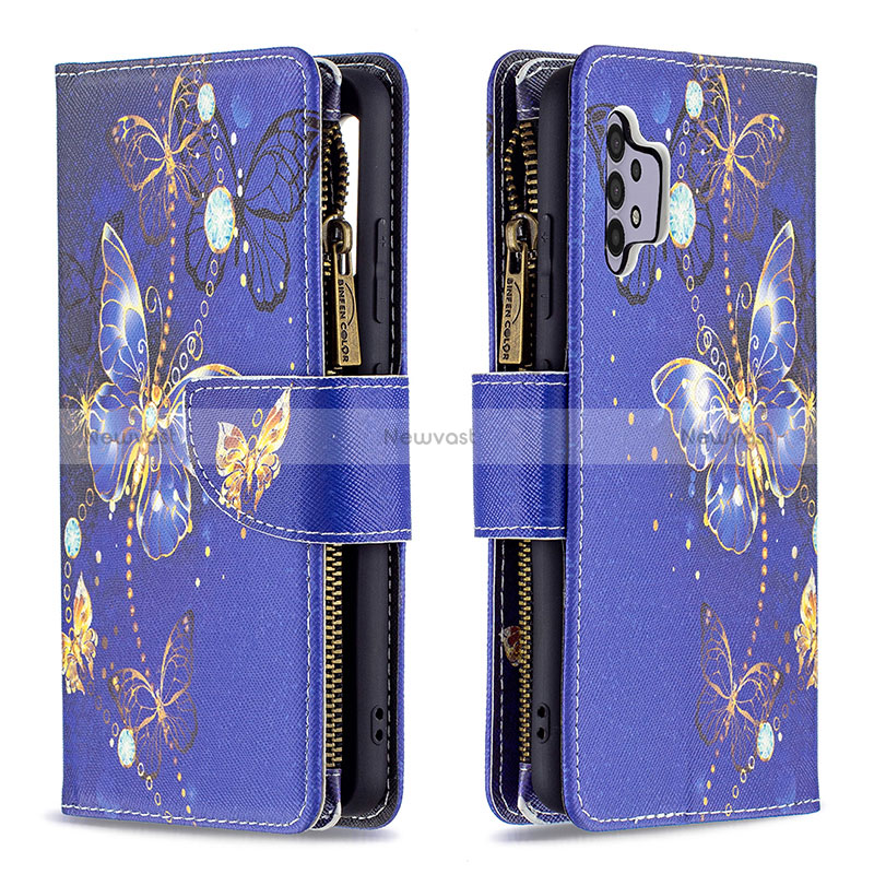 Leather Case Stands Fashionable Pattern Flip Cover Holder B04F for Samsung Galaxy A32 5G Navy Blue