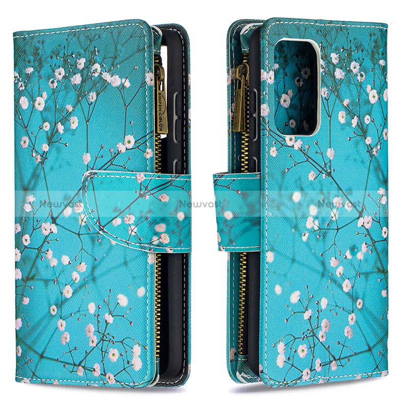Leather Case Stands Fashionable Pattern Flip Cover Holder B04F for Samsung Galaxy A52 4G Cyan