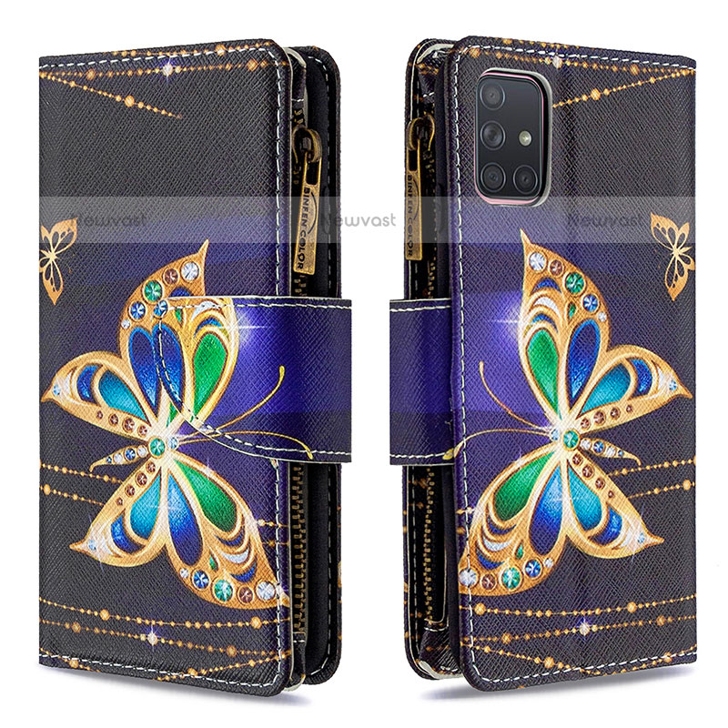 Leather Case Stands Fashionable Pattern Flip Cover Holder B04F for Samsung Galaxy A71 4G A715 Black