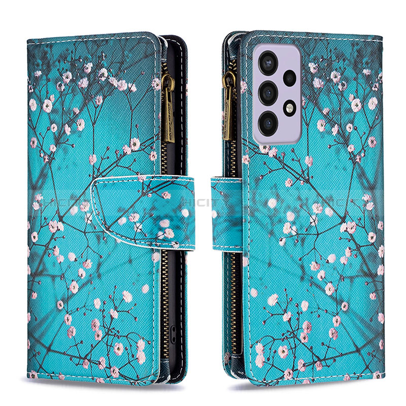 Leather Case Stands Fashionable Pattern Flip Cover Holder B04F for Samsung Galaxy A73 5G Cyan