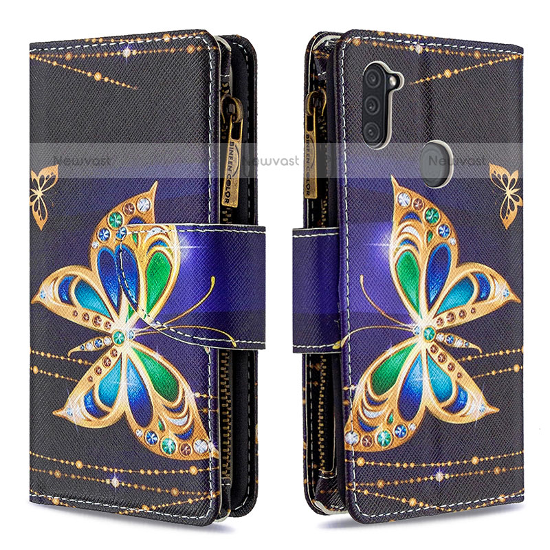 Leather Case Stands Fashionable Pattern Flip Cover Holder B04F for Samsung Galaxy M11 Black