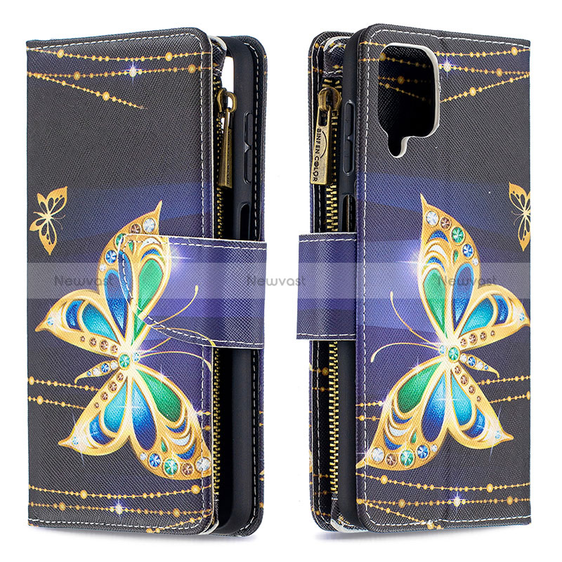 Leather Case Stands Fashionable Pattern Flip Cover Holder B04F for Samsung Galaxy M12 Black