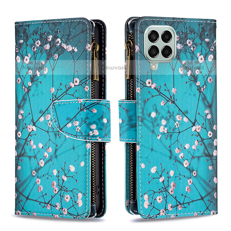 Leather Case Stands Fashionable Pattern Flip Cover Holder B04F for Samsung Galaxy M33 5G Cyan