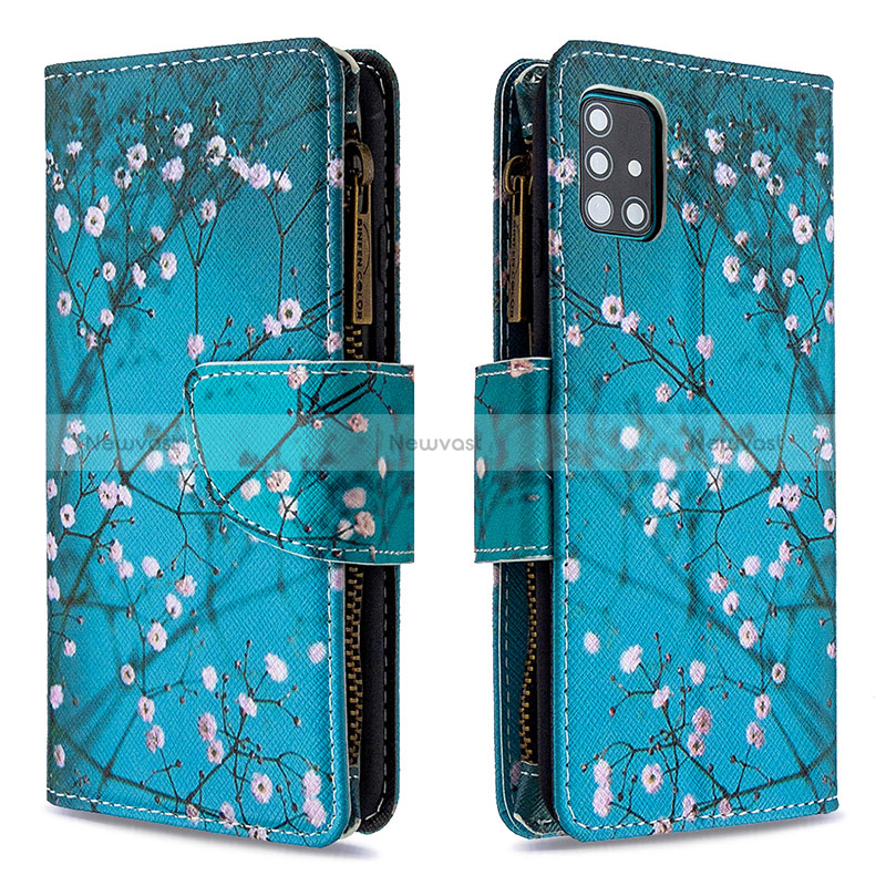 Leather Case Stands Fashionable Pattern Flip Cover Holder B04F for Samsung Galaxy M40S Cyan