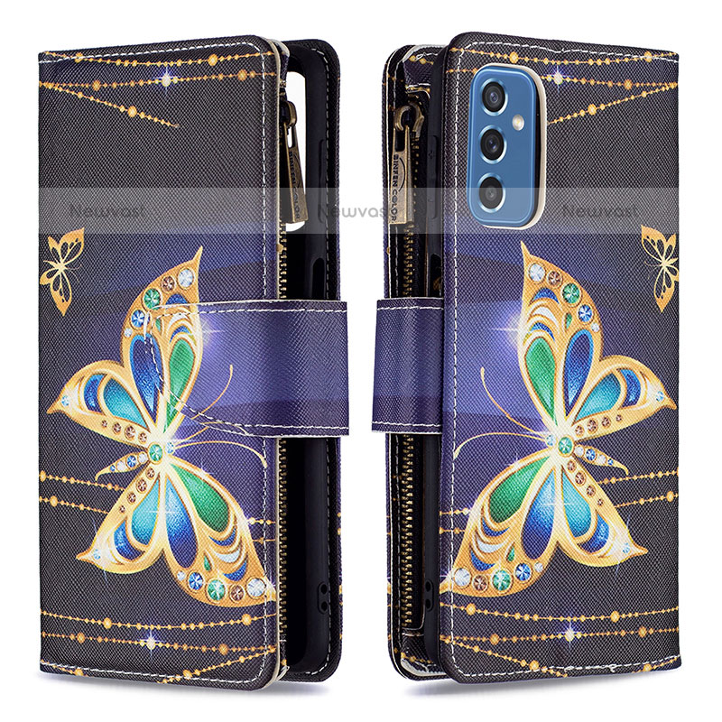 Leather Case Stands Fashionable Pattern Flip Cover Holder B04F for Samsung Galaxy M52 5G Black