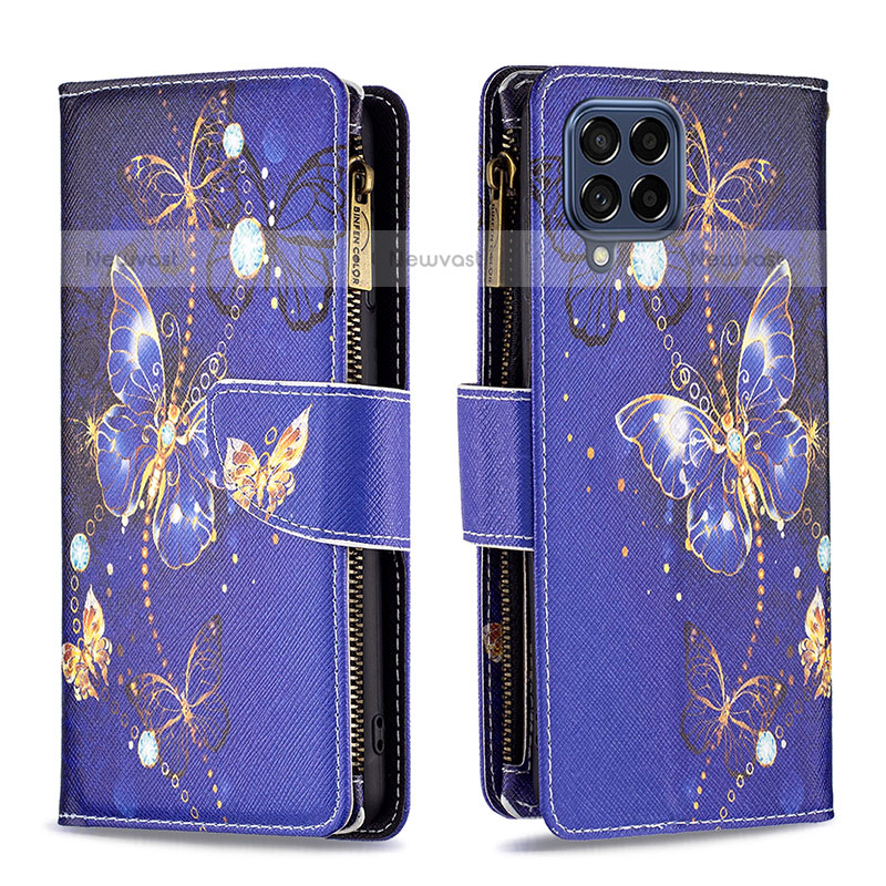 Leather Case Stands Fashionable Pattern Flip Cover Holder B04F for Samsung Galaxy M53 5G Navy Blue