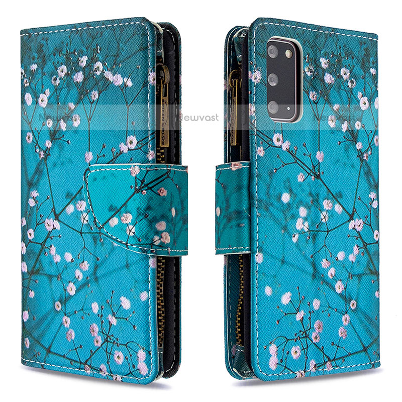 Leather Case Stands Fashionable Pattern Flip Cover Holder B04F for Samsung Galaxy S20 5G Cyan