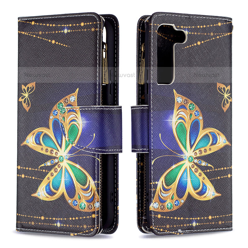 Leather Case Stands Fashionable Pattern Flip Cover Holder B04F for Samsung Galaxy S21 Plus 5G Black