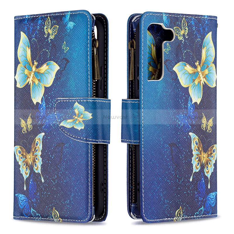 Leather Case Stands Fashionable Pattern Flip Cover Holder B04F for Samsung Galaxy S22 Plus 5G Blue