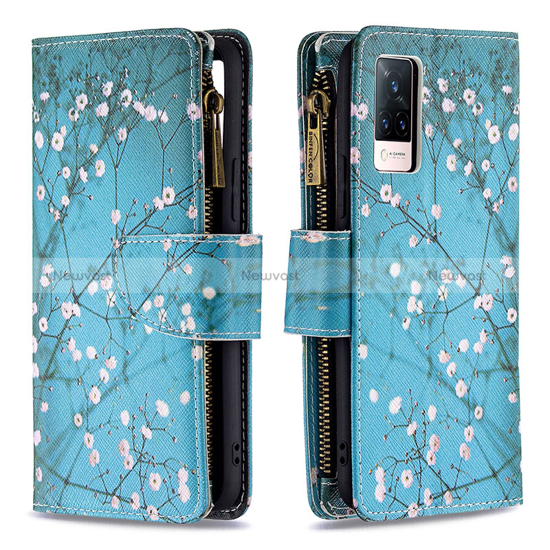 Leather Case Stands Fashionable Pattern Flip Cover Holder B04F for Vivo V21 5G Cyan