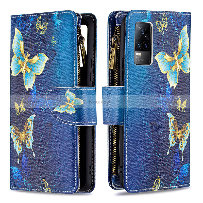 Leather Case Stands Fashionable Pattern Flip Cover Holder B04F for Vivo V21e 4G Blue