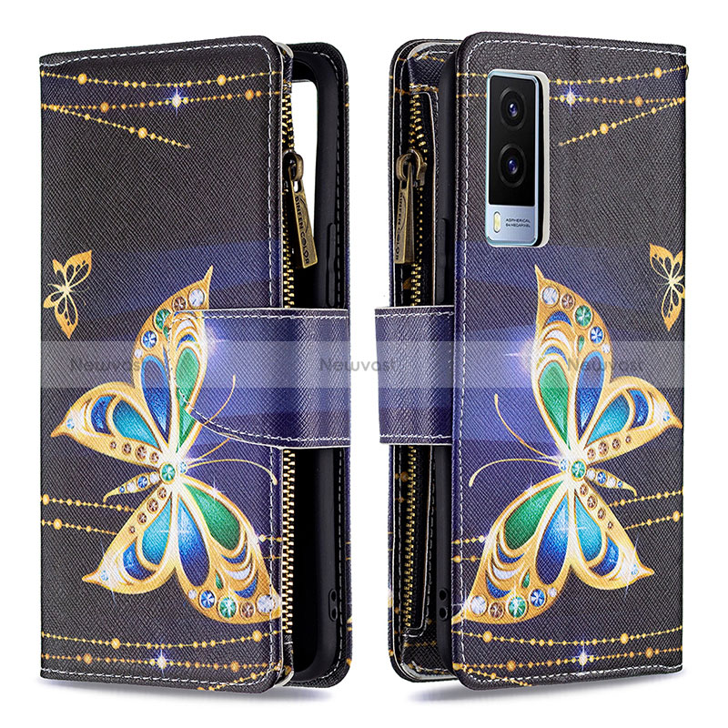 Leather Case Stands Fashionable Pattern Flip Cover Holder B04F for Vivo V21e 5G Black