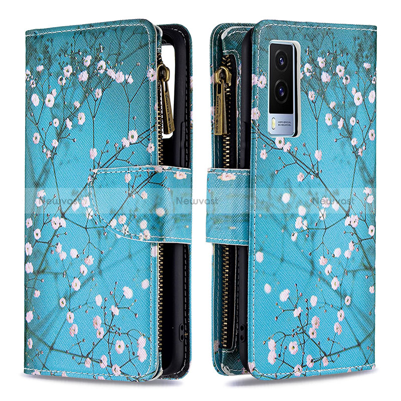 Leather Case Stands Fashionable Pattern Flip Cover Holder B04F for Vivo V21e 5G Cyan