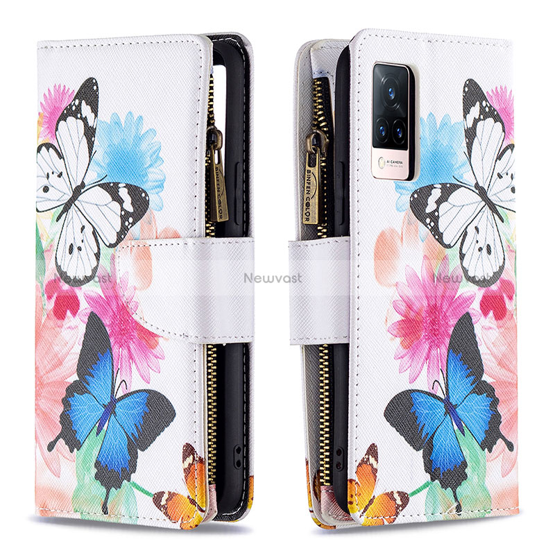 Leather Case Stands Fashionable Pattern Flip Cover Holder B04F for Vivo V21s 5G Colorful