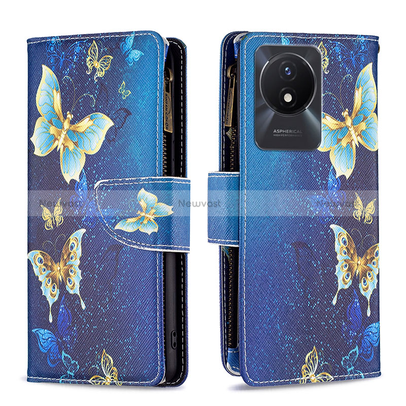Leather Case Stands Fashionable Pattern Flip Cover Holder B04F for Vivo Y02 Blue