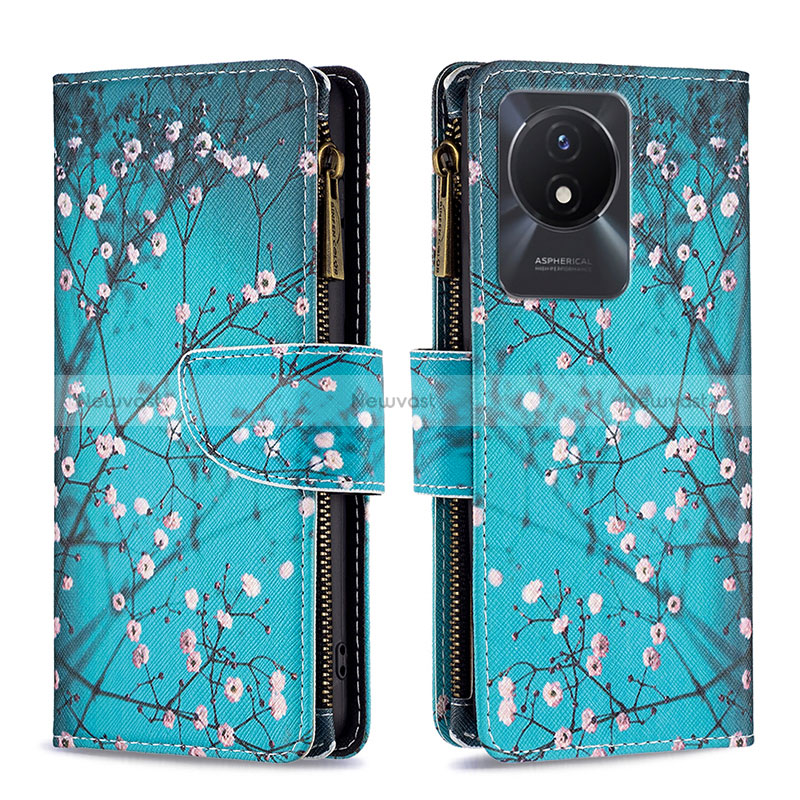 Leather Case Stands Fashionable Pattern Flip Cover Holder B04F for Vivo Y02 Cyan