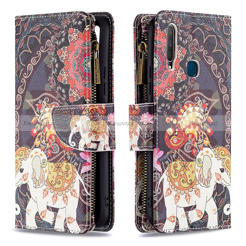 Leather Case Stands Fashionable Pattern Flip Cover Holder B04F for Vivo Y11 Brown