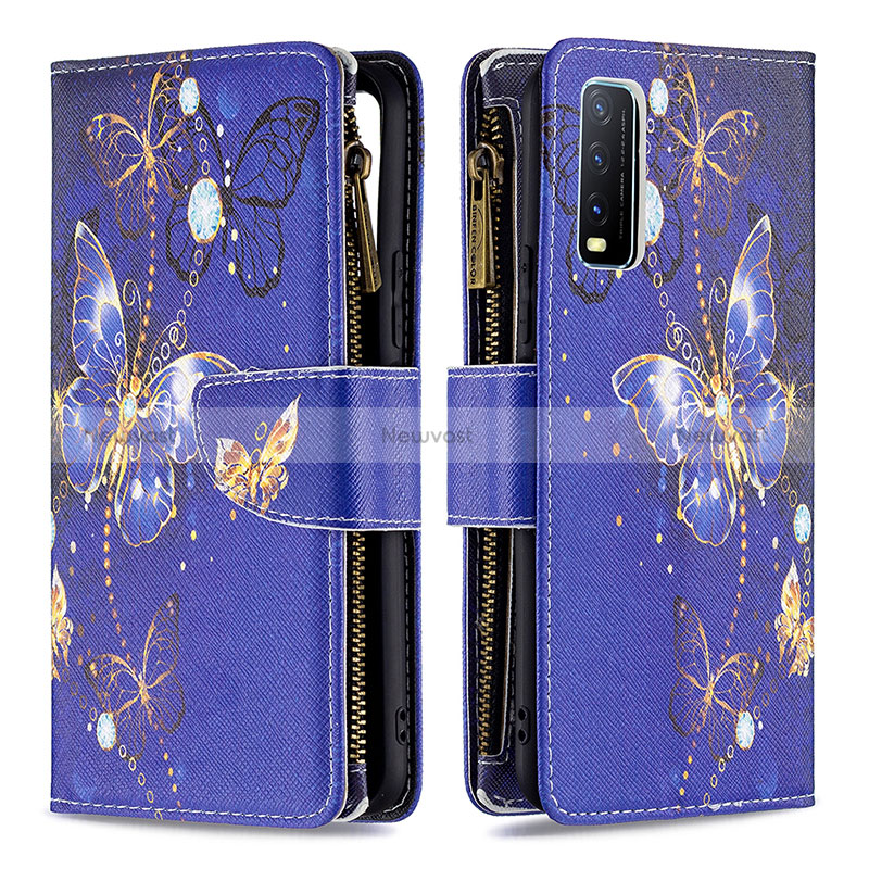 Leather Case Stands Fashionable Pattern Flip Cover Holder B04F for Vivo Y12s (2021) Navy Blue