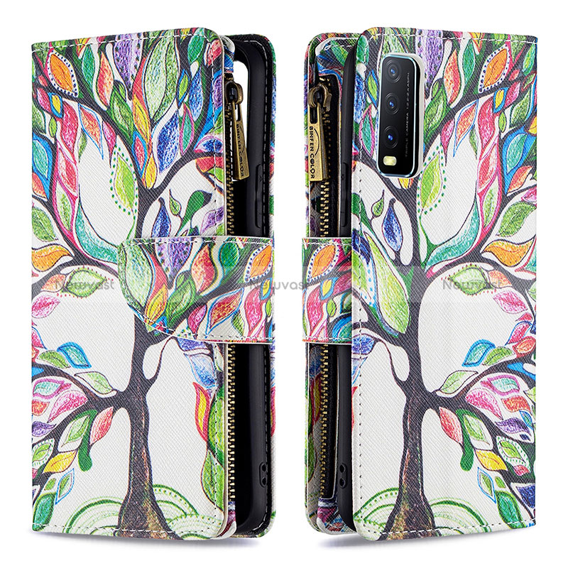 Leather Case Stands Fashionable Pattern Flip Cover Holder B04F for Vivo Y20 (2021) Green