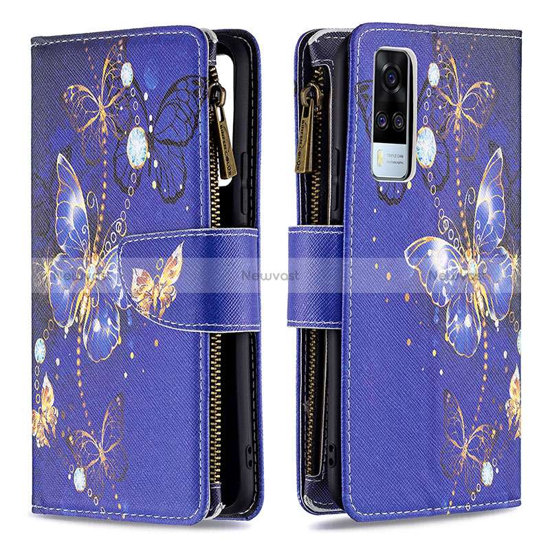 Leather Case Stands Fashionable Pattern Flip Cover Holder B04F for Vivo Y31 (2021) Navy Blue