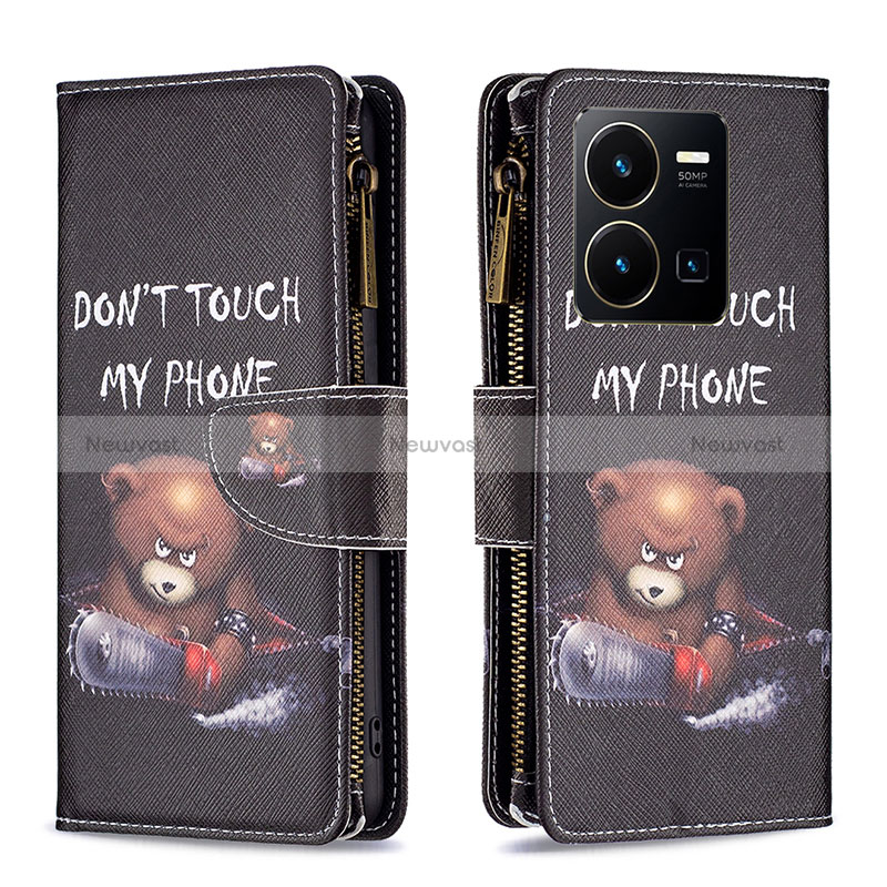 Leather Case Stands Fashionable Pattern Flip Cover Holder B04F for Vivo Y35 4G Dark Gray