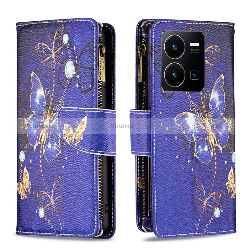 Leather Case Stands Fashionable Pattern Flip Cover Holder B04F for Vivo Y35 4G Navy Blue